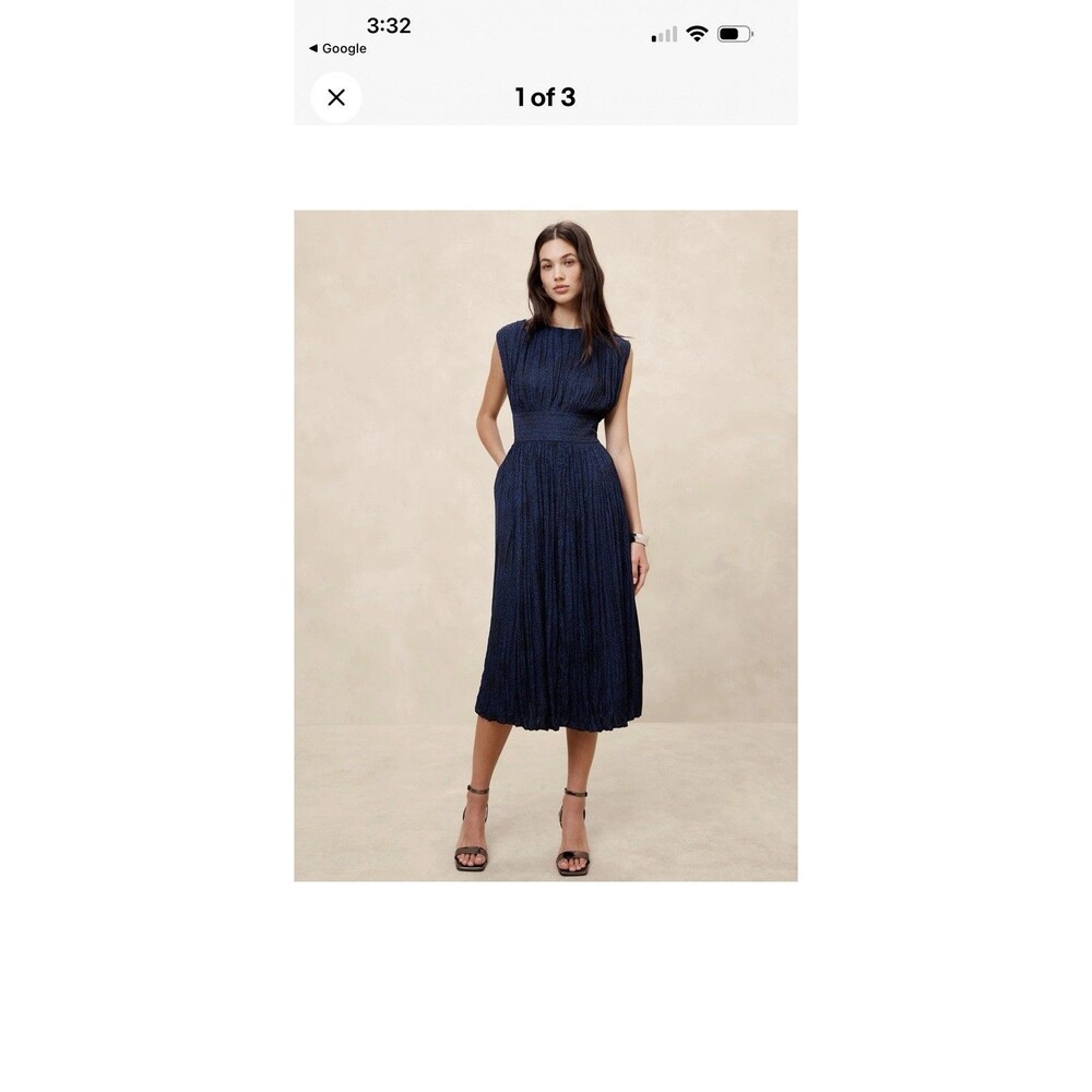 Banana Republic Pleated Midi Dress Blue Dot Sz 14